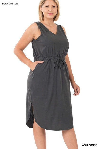 ZENANA | Plus Poly Cotton Drawstring Waist Curved Hem Dress us.meeeshop - 