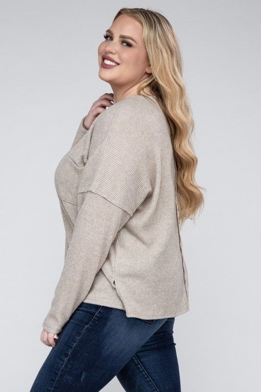 ZENANA Plus Ribbed Brushed Melange Hacci Sweater us.meeeshop - 