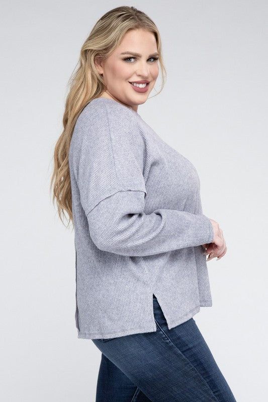 ZENANA Plus Ribbed Brushed Melange Hacci Sweater us.meeeshop - 