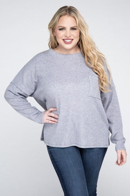 ZENANA Plus Ribbed Brushed Melange Hacci Sweater us.meeeshop - 