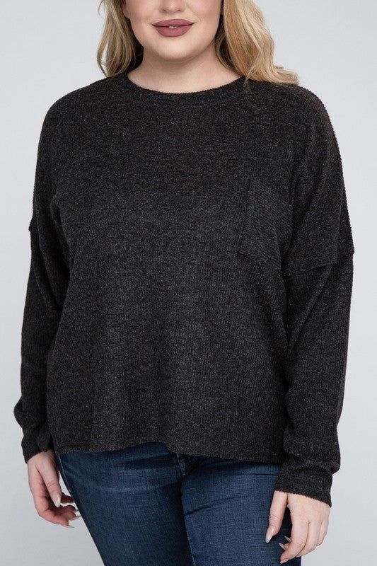 ZENANA Plus Ribbed Brushed Melange Hacci Sweater us.meeeshop - 