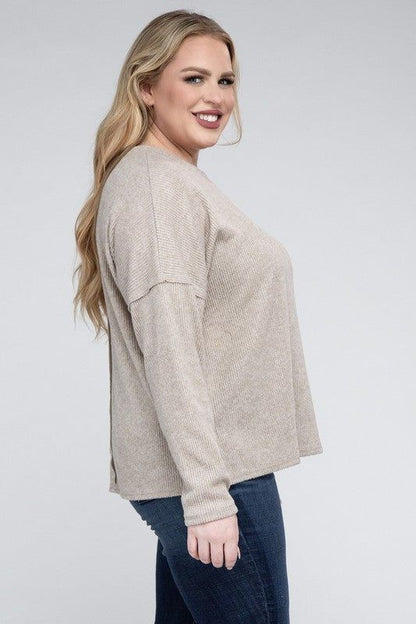 ZENANA Plus Ribbed Brushed Melange Hacci Sweater us.meeeshop - 