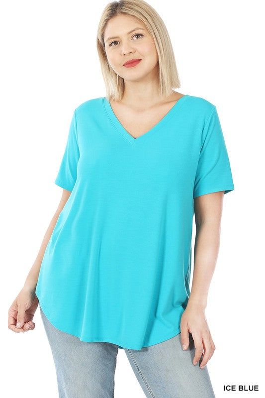 ZENANA | Plus Short Sleeve V Neck Round Hem Top us.meeeshop - 