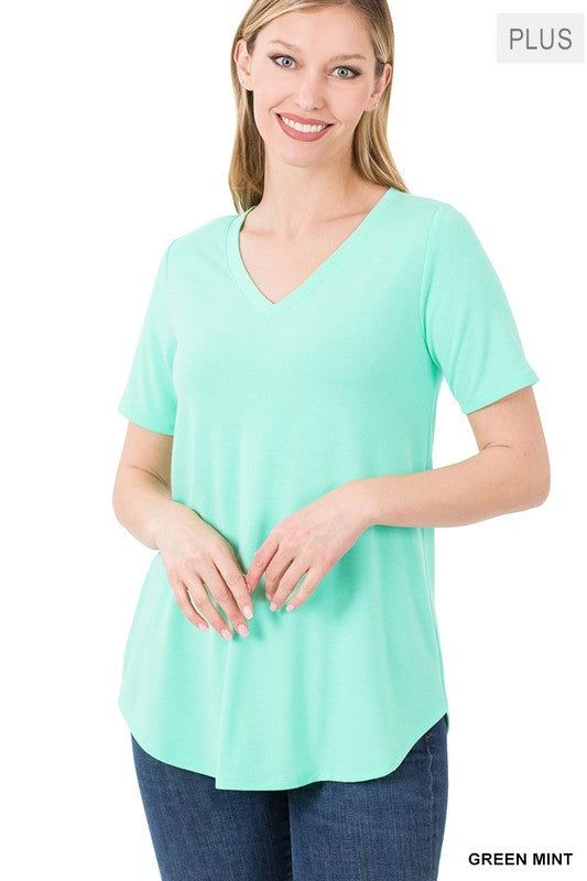 ZENANA | Plus Short Sleeve V Neck Round Hem Top us.meeeshop - 