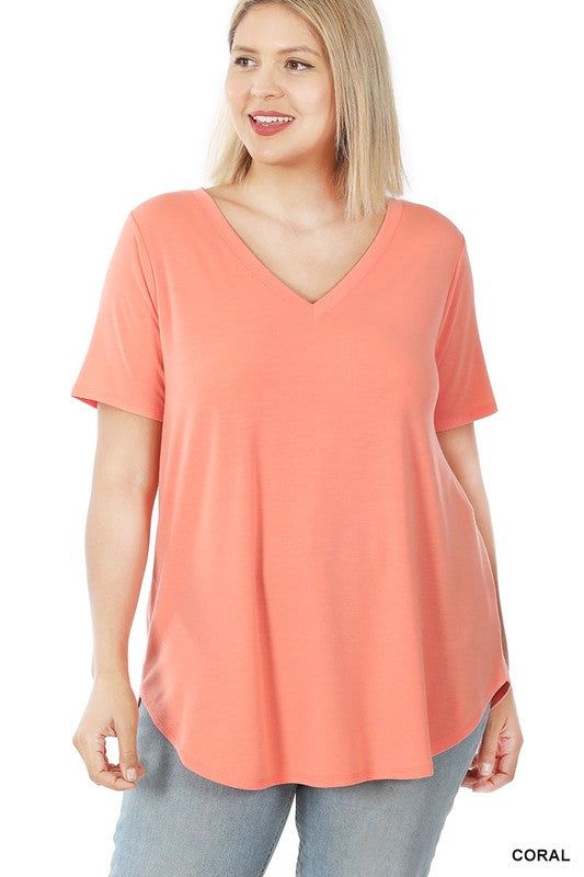 ZENANA | Plus Short Sleeve V Neck Round Hem Top us.meeeshop - 