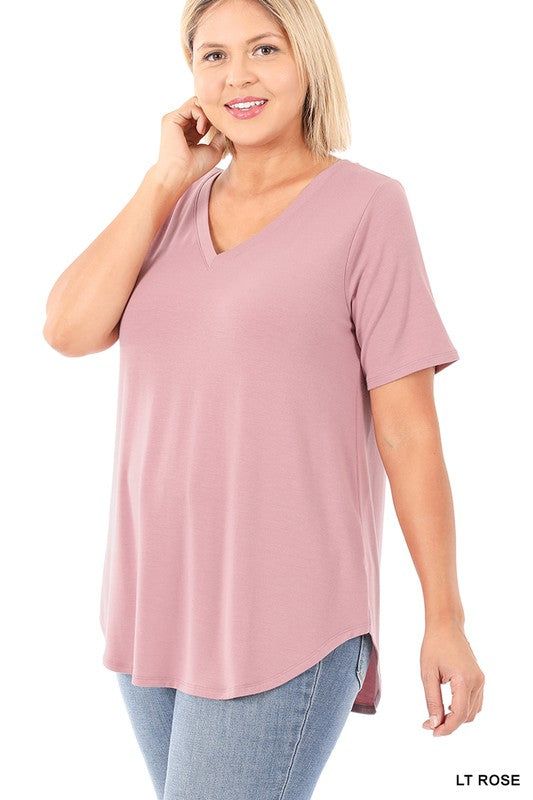 ZENANA | Plus Short Sleeve V Neck Round Hem Top us.meeeshop - 