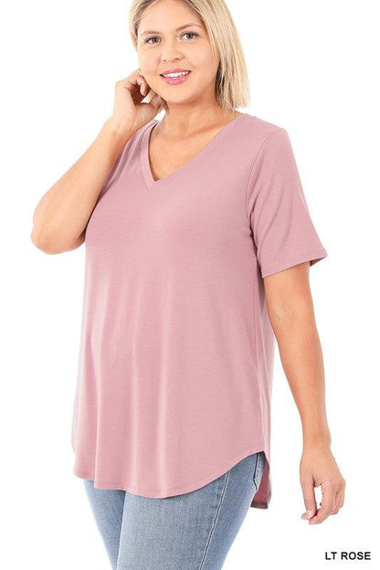 ZENANA | Plus Short Sleeve V Neck Round Hem Top us.meeeshop - 