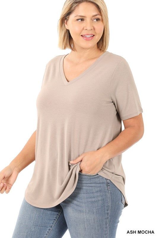 ZENANA | Plus Short Sleeve V Neck Round Hem Top us.meeeshop - 