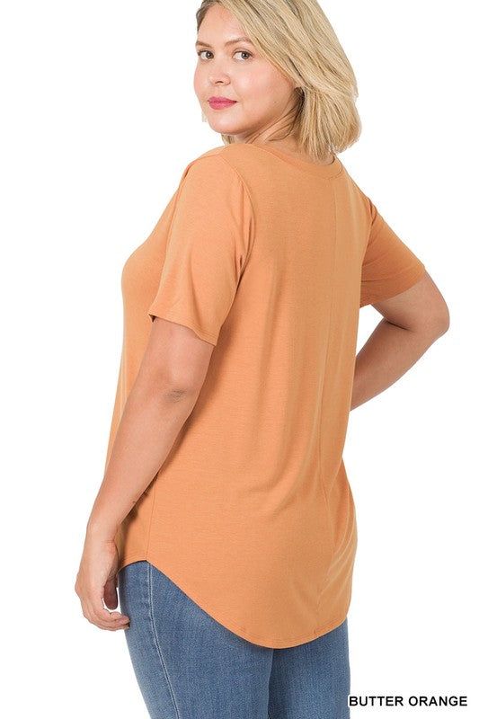 ZENANA | Plus Short Sleeve V Neck Round Hem Top us.meeeshop - 