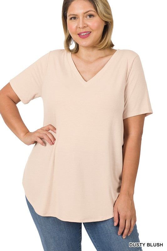 ZENANA | Plus Short Sleeve V Neck Round Hem Top us.meeeshop - 