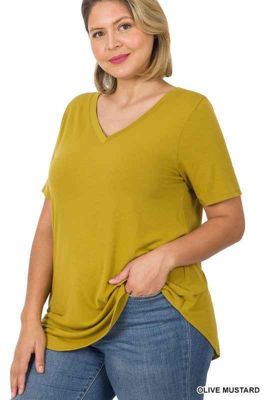 ZENANA | Plus Short Sleeve V Neck Round Hem Top us.meeeshop - 