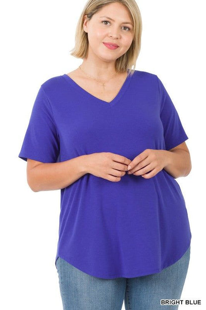 ZENANA | Plus Short Sleeve V Neck Round Hem Top us.meeeshop - 