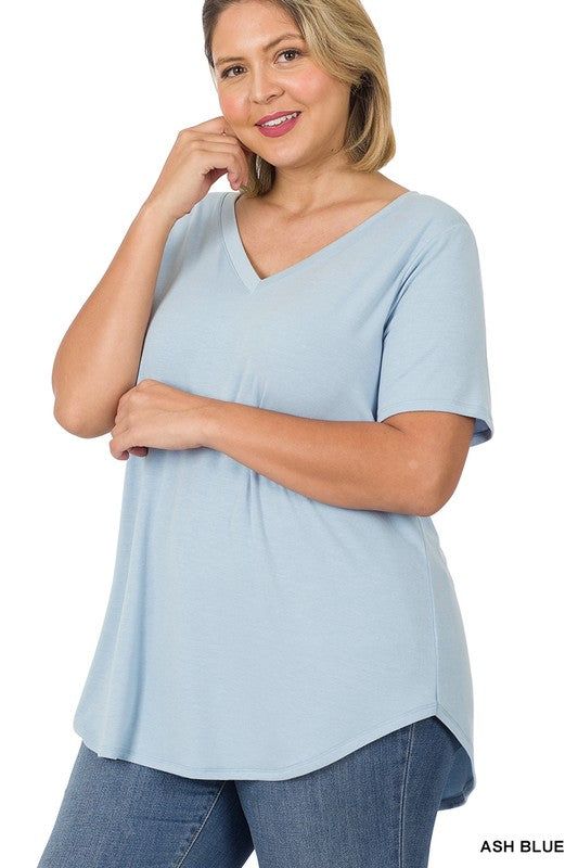 ZENANA | Plus Short Sleeve V Neck Round Hem Top us.meeeshop - 