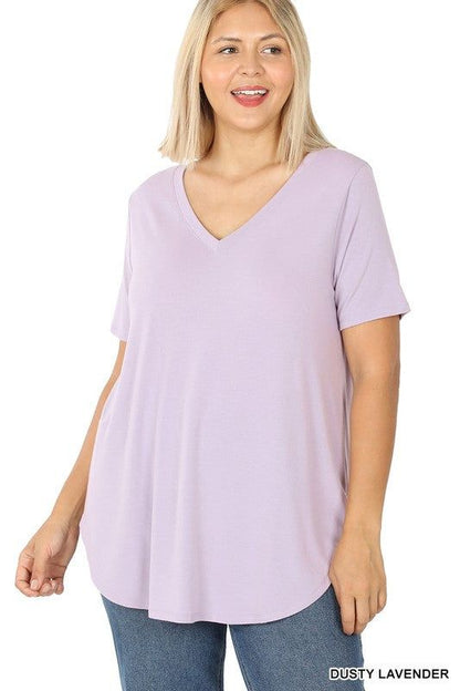 ZENANA | Plus Short Sleeve V Neck Round Hem Top us.meeeshop - 