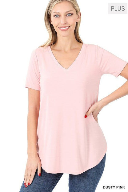 ZENANA | Plus Short Sleeve V Neck Round Hem Top us.meeeshop - 