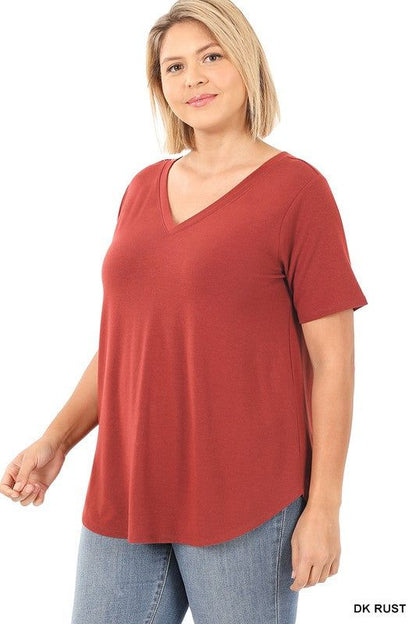 ZENANA | Plus Short Sleeve V Neck Round Hem Top us.meeeshop - 