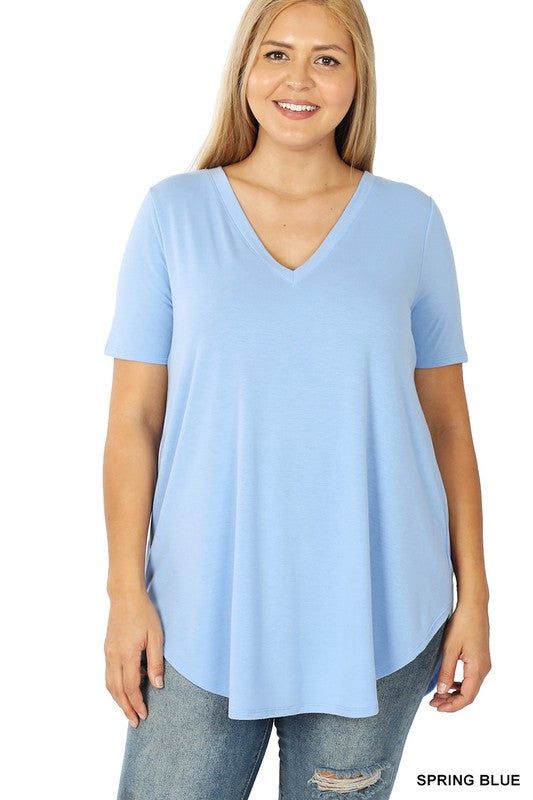 ZENANA | Plus Short Sleeve V Neck Round Hem Top us.meeeshop - Shirts & Tops