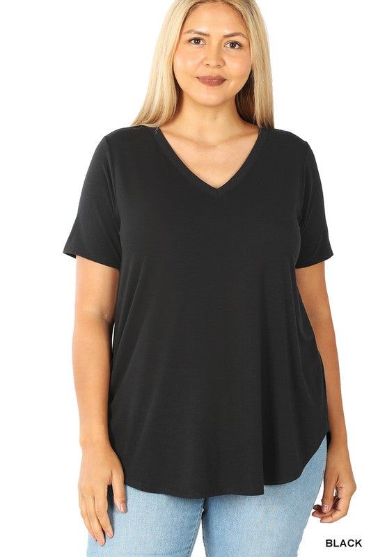 ZENANA | Plus Short Sleeve V Neck Round Hem Top us.meeeshop - 