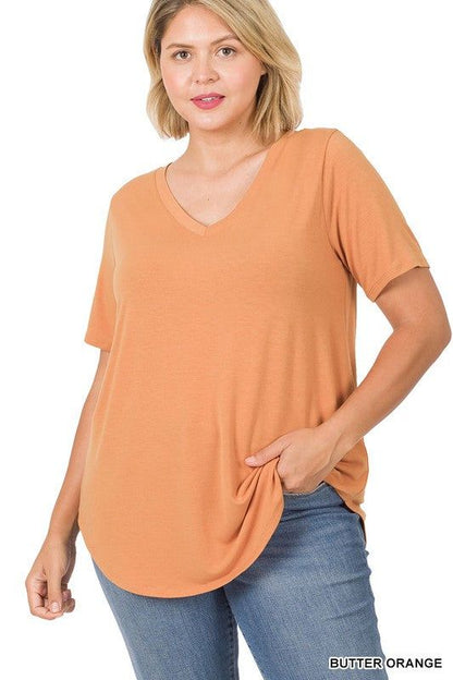 ZENANA | Plus Short Sleeve V Neck Round Hem Top us.meeeshop - 