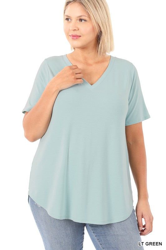 ZENANA | Plus Short Sleeve V Neck Round Hem Top us.meeeshop - 