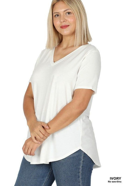 ZENANA | Plus Short Sleeve V Neck Round Hem Top us.meeeshop - 