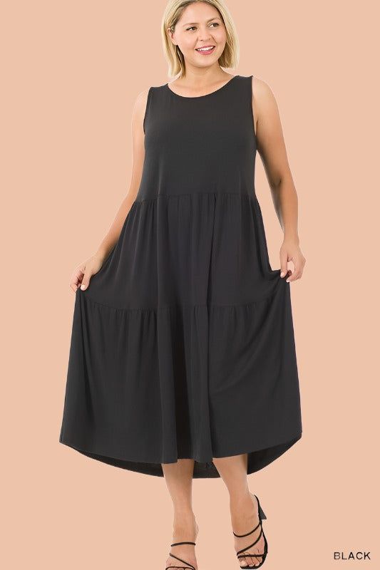 ZENANA | Plus Sleeveless Tiered Midi Dress us.meeeshop - Dresses