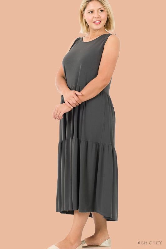 ZENANA | Plus Sleeveless Tiered Midi Dress us.meeeshop - Dresses