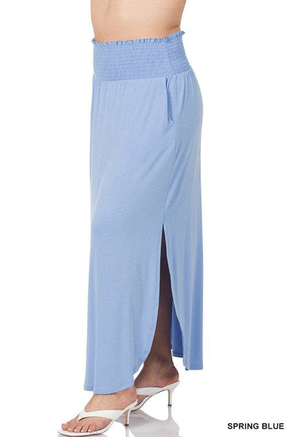Plus Smocked Waist Side Slit Maxi Skirt | us.meeeshop