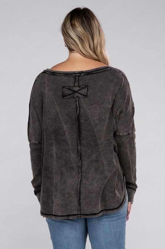 ZENANA Plus Washed Baby Waffle Oversized Long Sleeve Top us.meeeshop - 