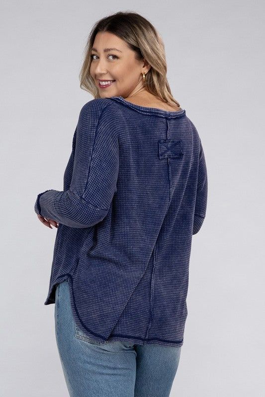 ZENANA Plus Washed Baby Waffle Oversized Long Sleeve Top us.meeeshop - 