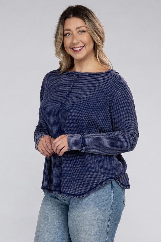 ZENANA Plus Washed Baby Waffle Oversized Long Sleeve Top us.meeeshop - 