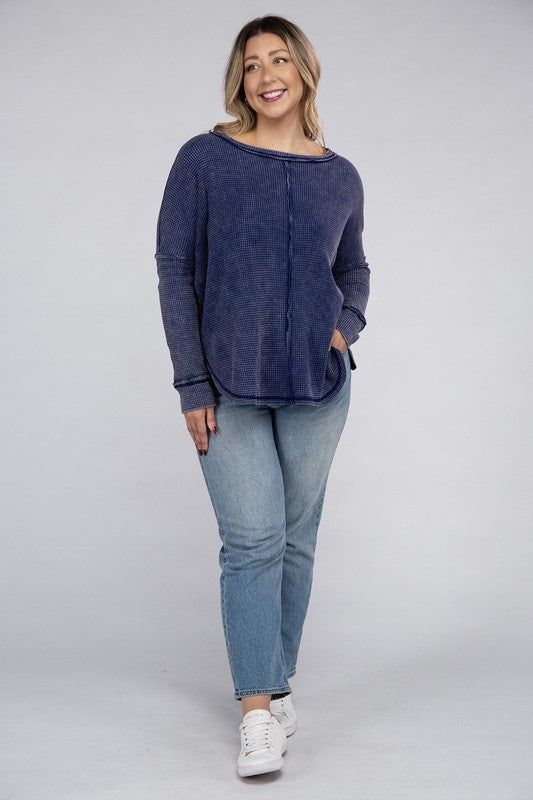 ZENANA Plus Washed Baby Waffle Oversized Long Sleeve Top us.meeeshop - 