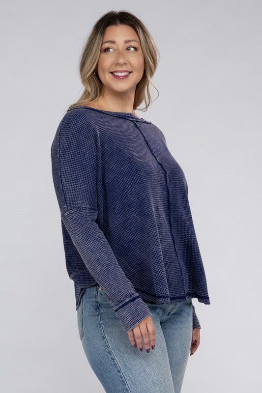 ZENANA Plus Washed Baby Waffle Oversized Long Sleeve Top us.meeeshop - 