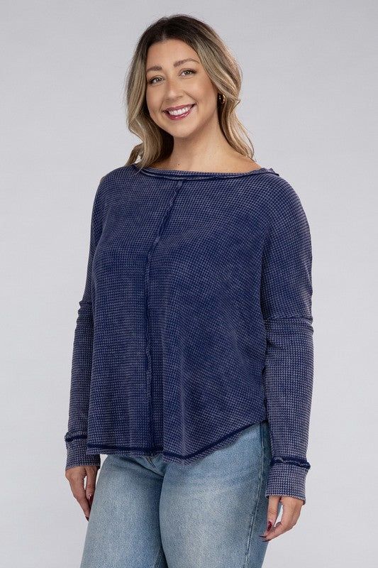 ZENANA Plus Washed Baby Waffle Oversized Long Sleeve Top us.meeeshop - 