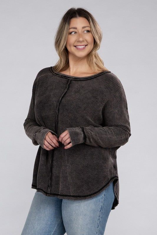 ZENANA Plus Washed Baby Waffle Oversized Long Sleeve Top us.meeeshop - 