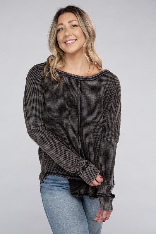 ZENANA Plus Washed Baby Waffle Oversized Long Sleeve Top us.meeeshop - 