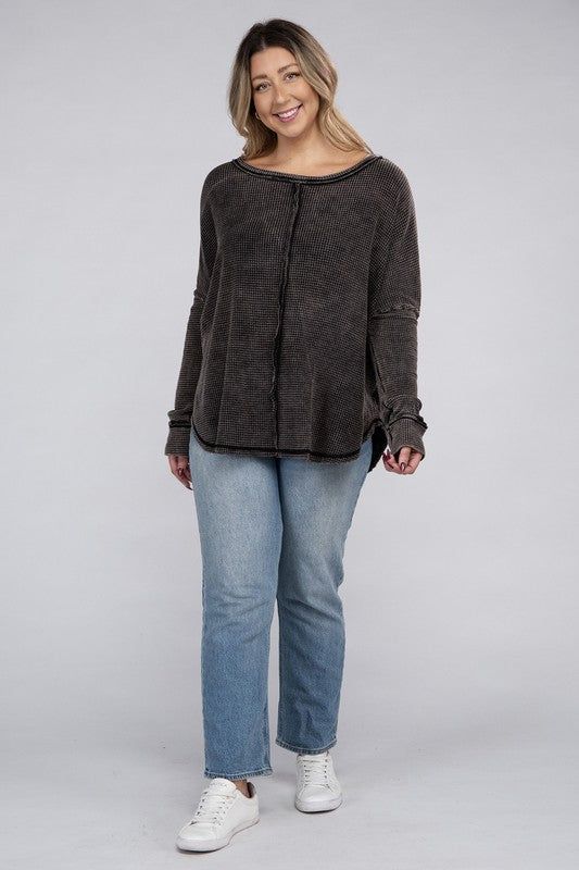 ZENANA Plus Washed Baby Waffle Oversized Long Sleeve Top us.meeeshop - 