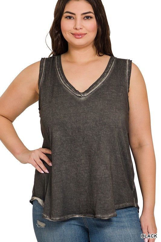 ZENANA | Plus Washed Raw Edge V-Neck Tank Top us.meeeshop - Shirts & Tops