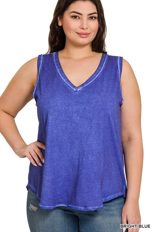 ZENANA | Plus Washed Raw Edge V-Neck Tank Top us.meeeshop - 