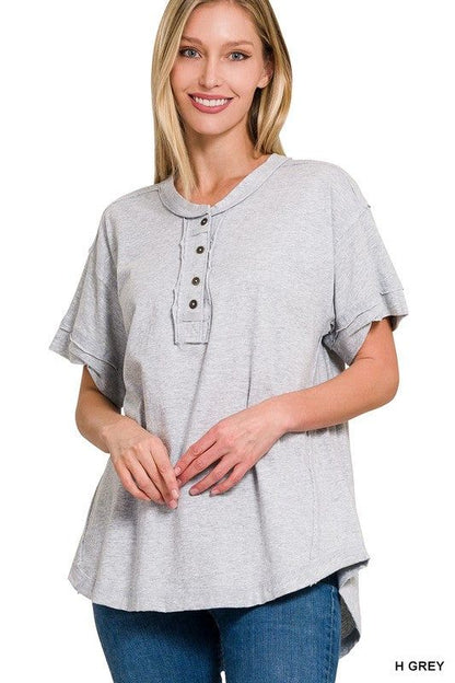 ZENANA | Raw Edge Detailed Button Closure Short Sleeve Top us.meeeshop - 