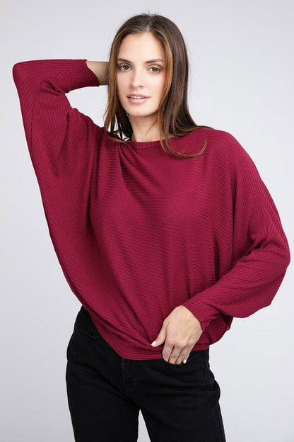 ZENANA Ribbed Batwing Long Sleeve Boat Neck Sweater us.meeeshop - 