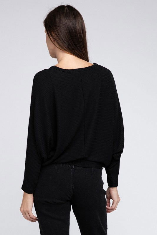 ZENANA Ribbed Batwing Long Sleeve Boat Neck Sweater us.meeeshop - 