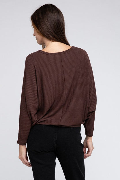 ZENANA Ribbed Batwing Long Sleeve Boat Neck Sweater us.meeeshop - 