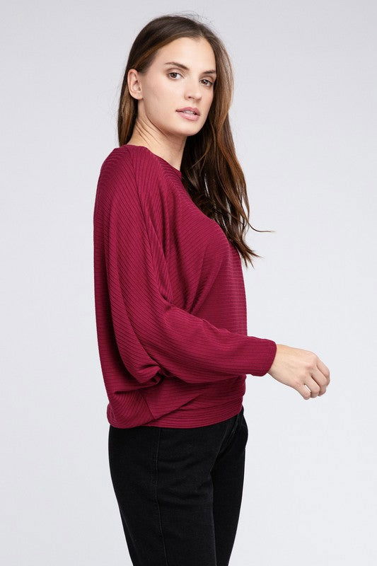 ZENANA Ribbed Batwing Long Sleeve Boat Neck Sweater us.meeeshop - 