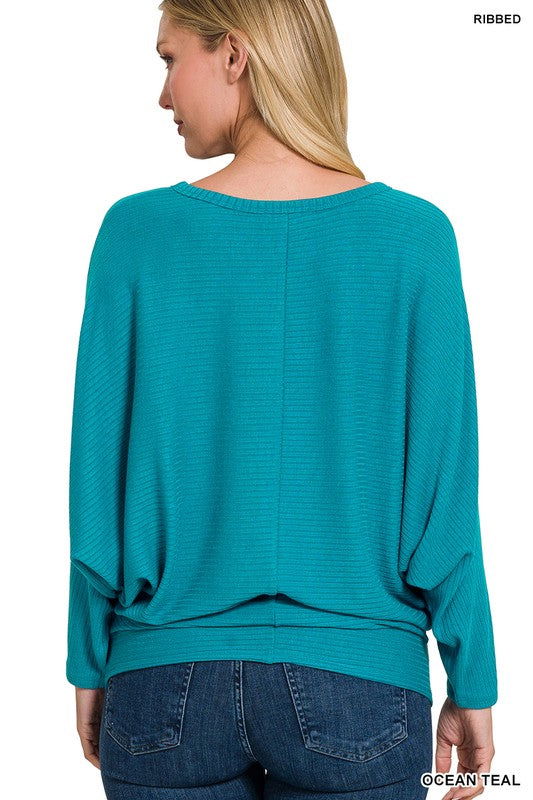 ZENANA Ribbed Batwing Long Sleeve Boat Neck Sweater us.meeeshop - 