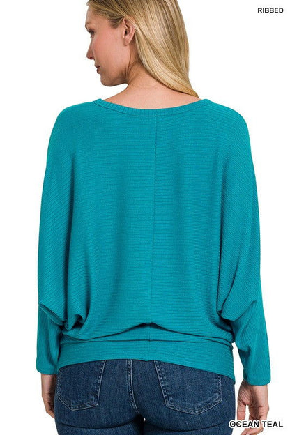 ZENANA Ribbed Batwing Long Sleeve Boat Neck Sweater us.meeeshop - 