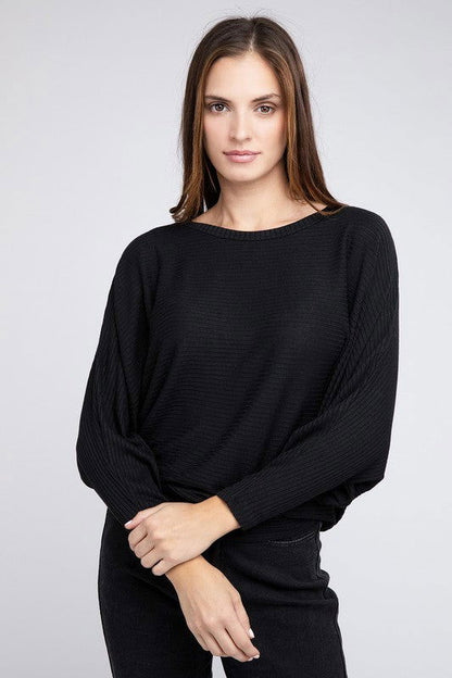 ZENANA Ribbed Batwing Long Sleeve Boat Neck Sweater us.meeeshop - 