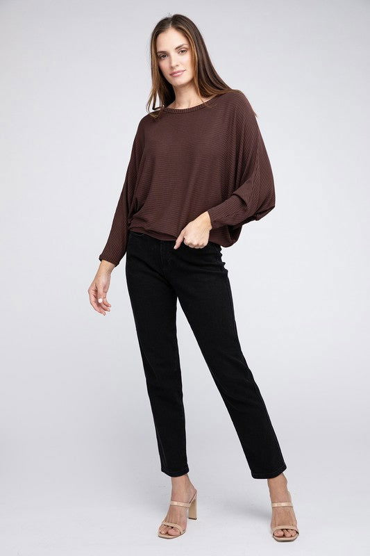 ZENANA Ribbed Batwing Long Sleeve Boat Neck Sweater us.meeeshop - 