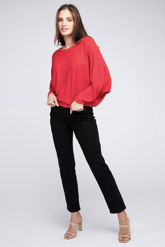 ZENANA Ribbed Batwing Long Sleeve Boat Neck Sweater us.meeeshop - 