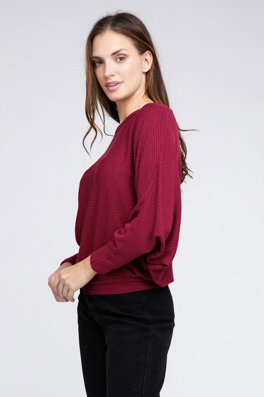 ZENANA Ribbed Batwing Long Sleeve Boat Neck Sweater us.meeeshop - 